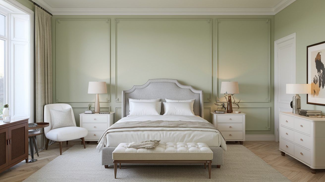 A serene bedroom with softly painted sage walls and classic panel molding