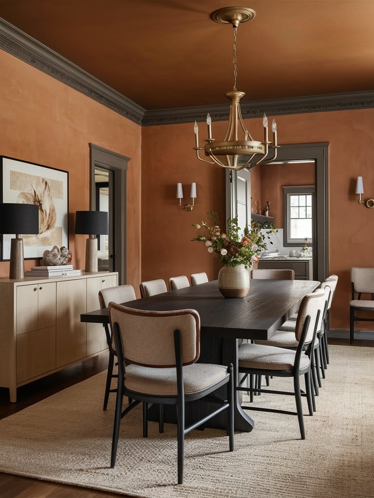A dining room repainted in rich terracotta tones with a dark wood table and brass chandelier